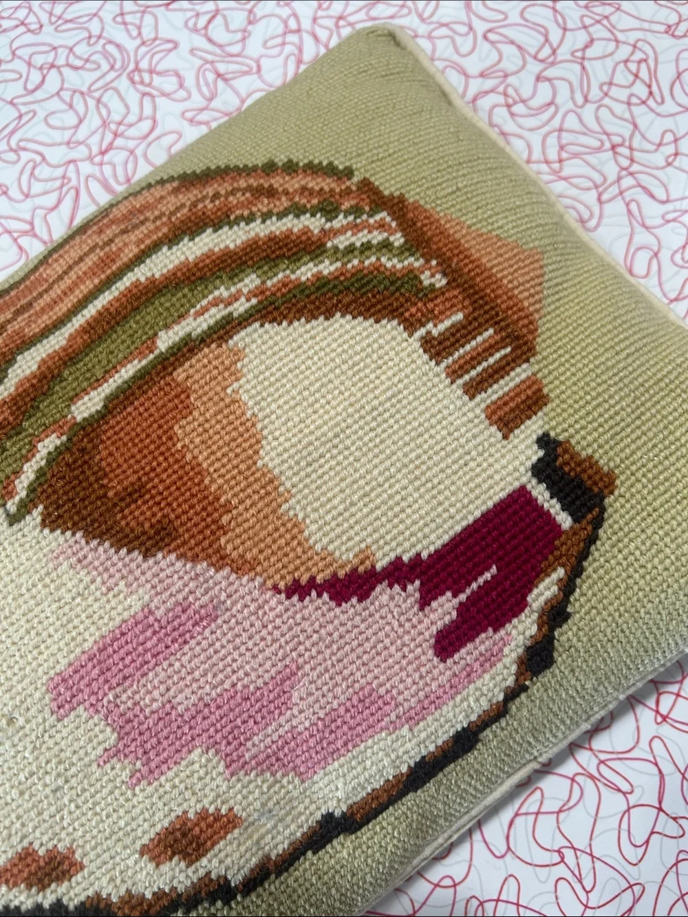 Coastal Needlepoint Seashell Throw Pillow in Beige, Pink & Brown